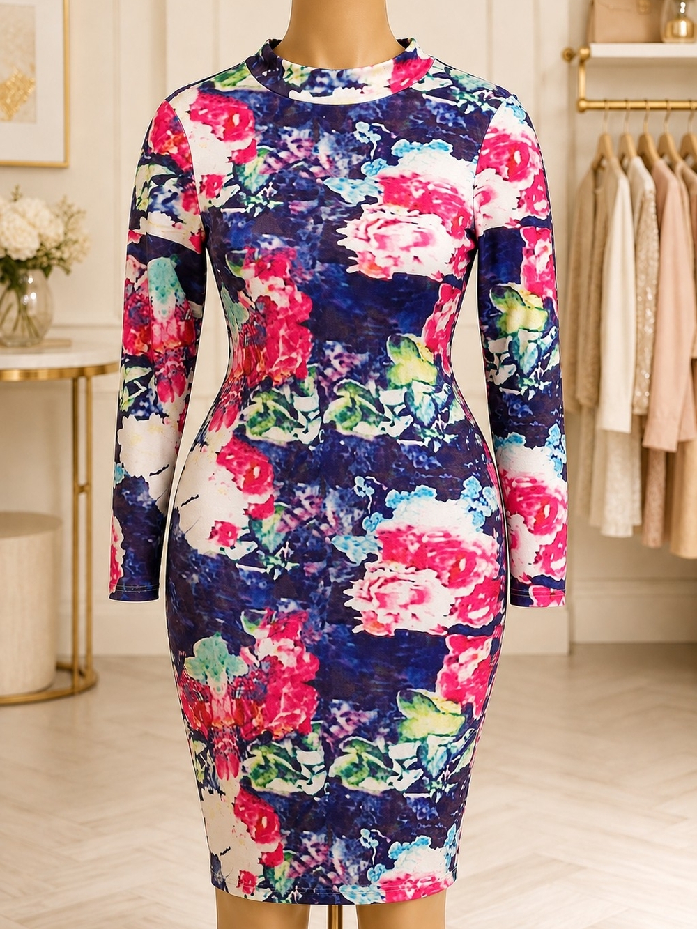 Women’s Colorful Watercolor Floral Long Sleeve Bodycon Midi Dress